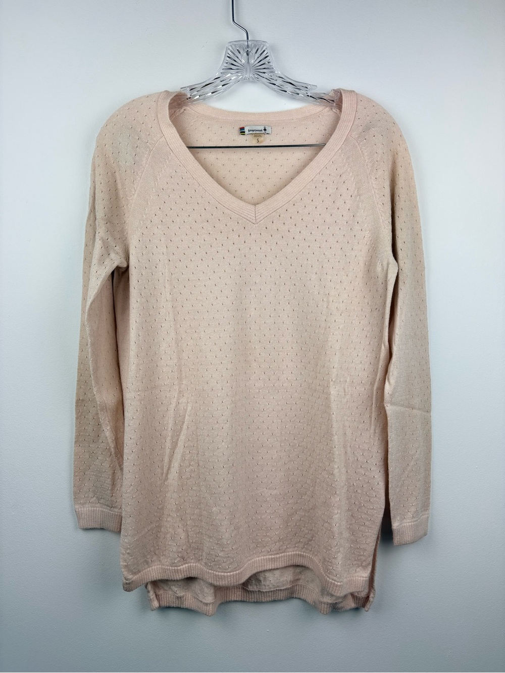 Smartwool Light Pink Perforated Knit Sweater Merino Wool Blend V-Neck Sz S